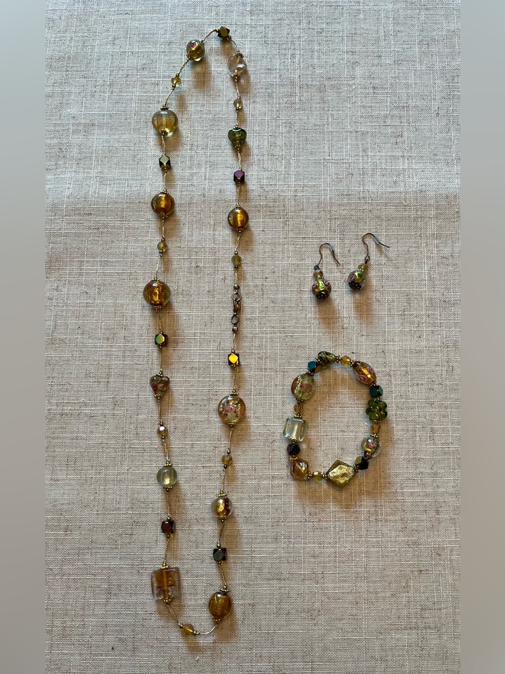 Premier Designs Gold and Olive Glass Bead Necklace, Bracelet & Earring Set